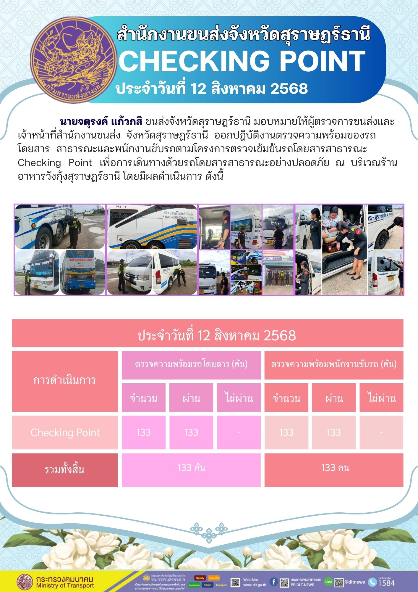 สำนักงานขนส่งจังหวัดสุราษฎร์ธานี CHECKING POINT ประจำวันที่ 12 สิงหาคม 2568