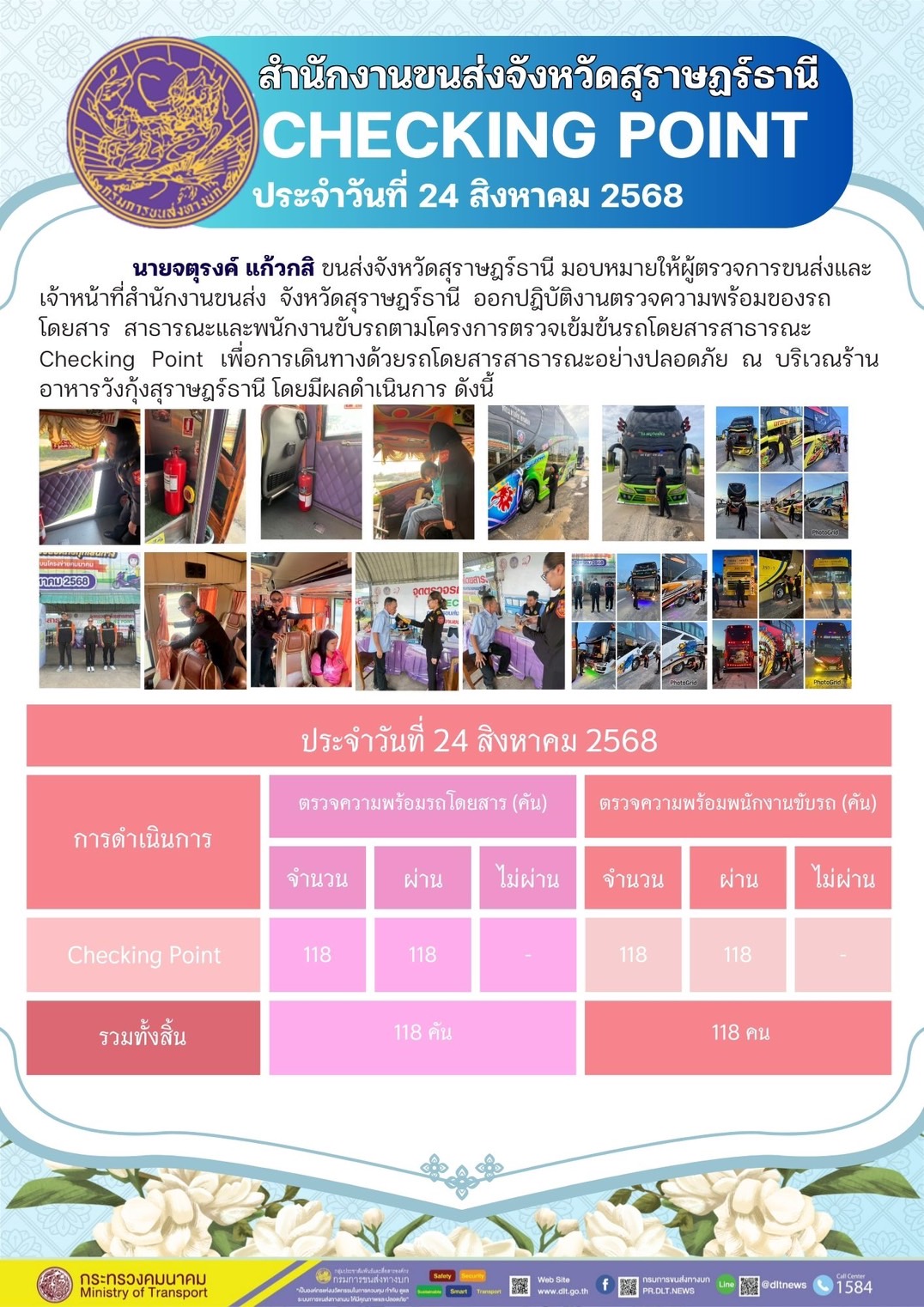 สำนักงานขนส่งจังหวัดสุราษฎร์ธานี CHECKING POINT ประจำวันที่ 24 สิงหาคม 2568