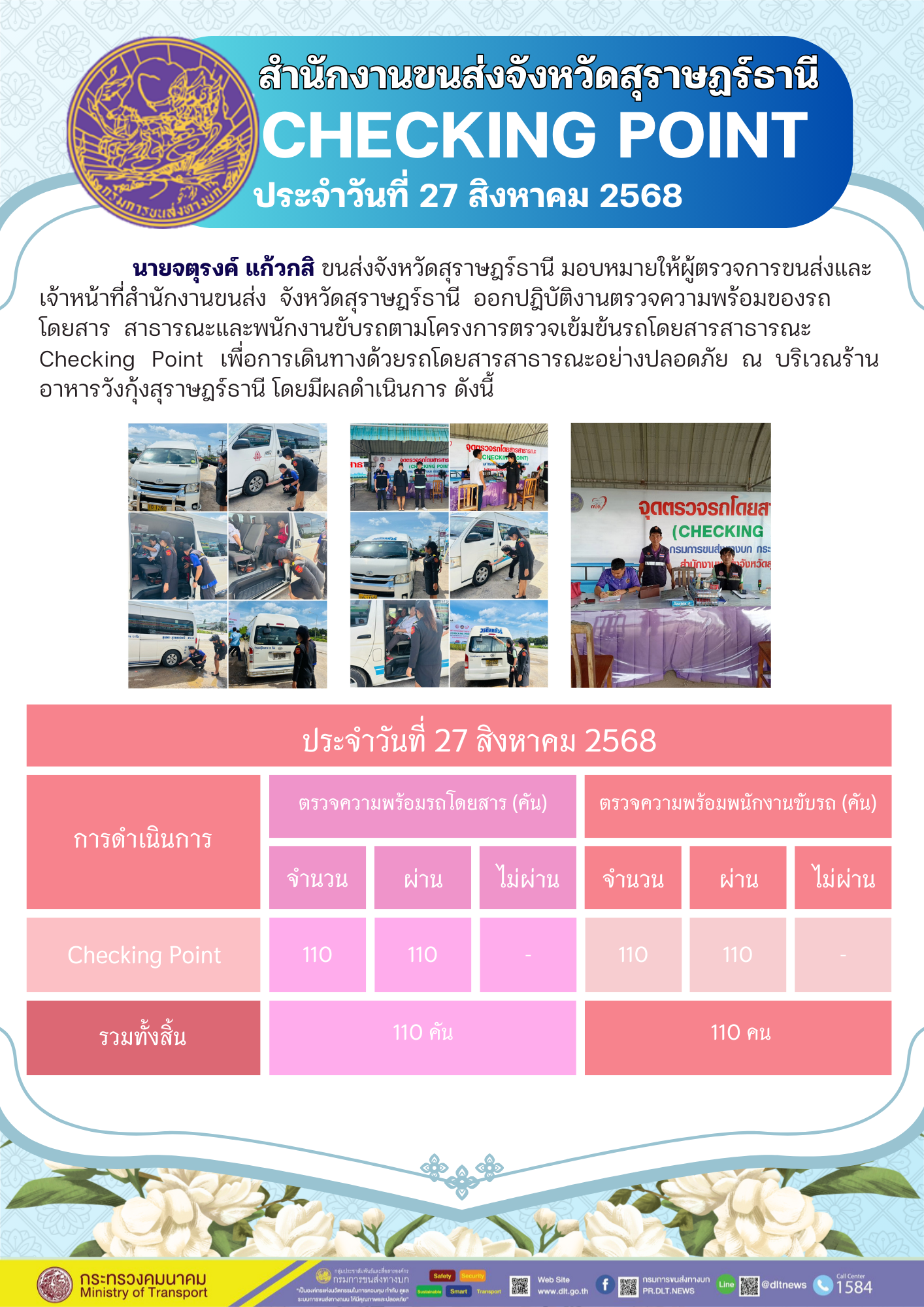 สำนักงานขนส่งจังหวัดสุราษฎร์ธานี CHECKING POINT ประจำวันที่ 27 สิงหาคม 2568