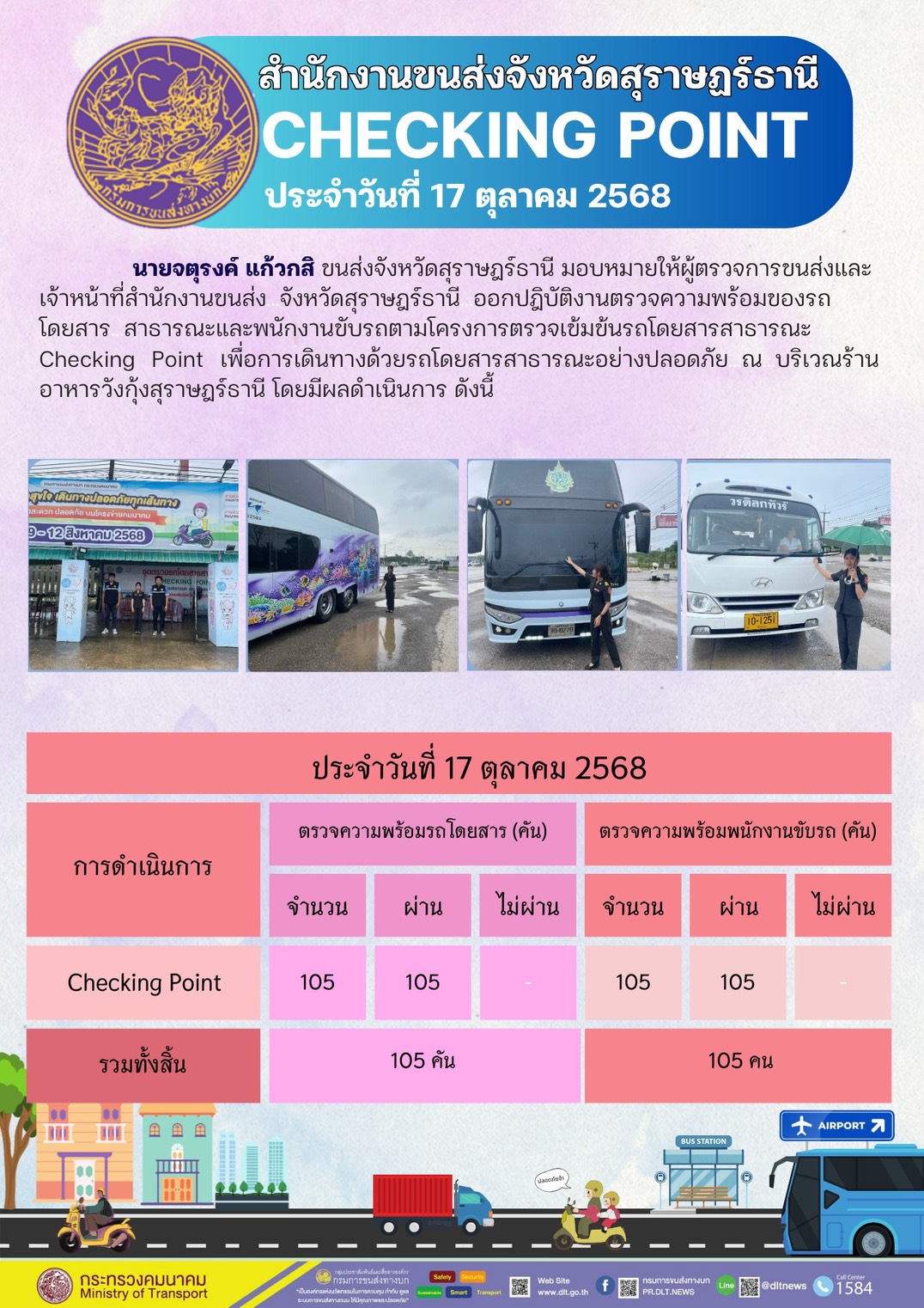 สำนักงานขนส่งจังหวัดสุราษฎร์ธานี CHECKING POINT ประจำวันที่ 17 ตุลาคม 2568