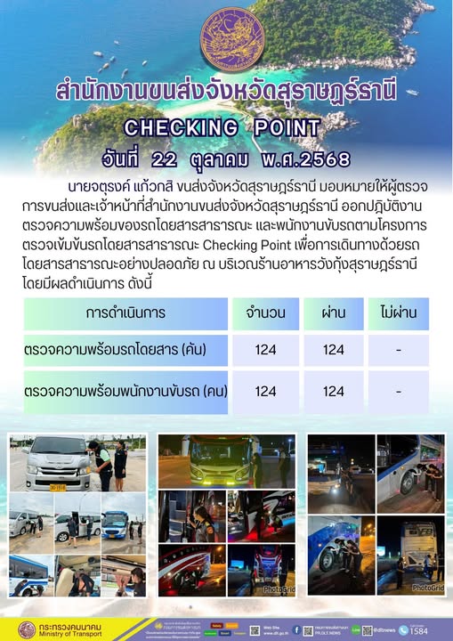 สำนักงานขนส่งจังหวัดสุราษฎร์ธานี 
ตรวจความพร้อมของรถโดยสารสาธารณะ ตามโครงการตรวจเข้มข้นรถโดยสารสาธารณะ CHECKING POINT ประจำวันที่ 22 ตุลาคม 2568 ณ บริเวณร้านอาหารวังกุ้งสุราษฎร์ธานี