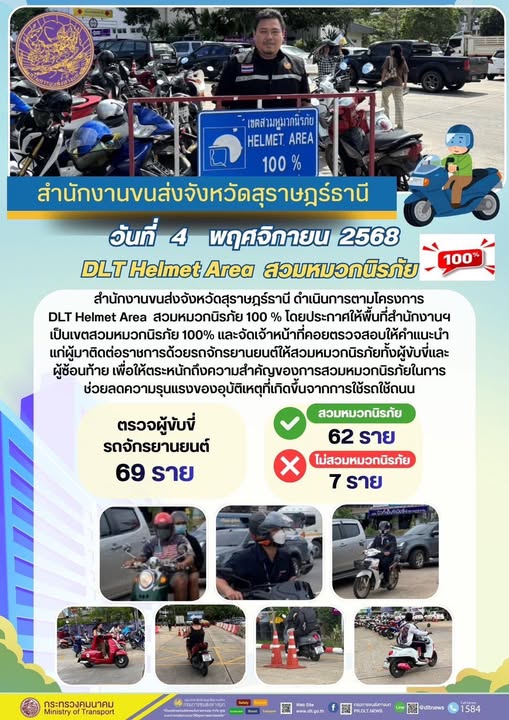 สำนักงานขนส่งจังหวัดสุราษฎร์ธานี
วันที่ 4 พฤศจิภายน 2568
DLT Helmet Area สวมหมวกนิรภัย