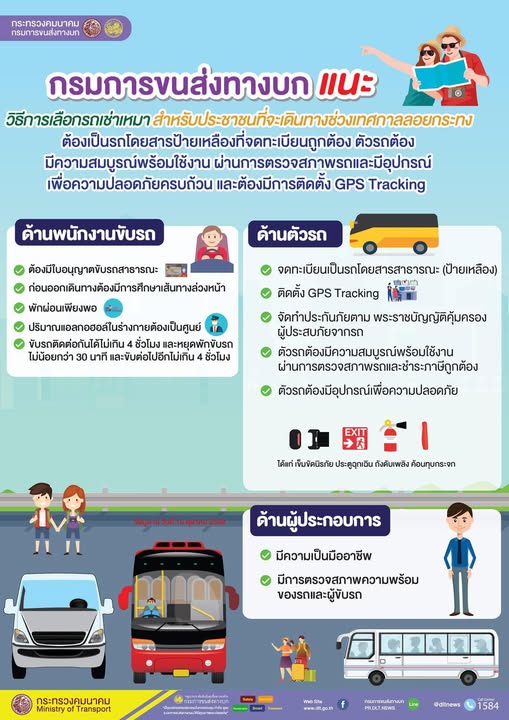กรมการขนส่งทางบก แนะ!! วิธีการเลือกรถเช่าเหมา สำหรับประชาชนที่จะเดินทางช่วงเทศกาลลอยกระทง ต้องเป็นรถโดยสารที่จดทะเบียนอย่างถูกต้อง ตัวรถต้องเป็นรถที่มีมาตรฐานติดตั้งระบบ GPS Tracking เตือน!!! ควรตรวจสอบประวัติรถและคนขับ ทุกครั้งก่อนการว่าจ้าง วางแผนการเดินทางอย่างเหมาะสม และใช้ความเร็วตามที่กฎหมายกำหนด