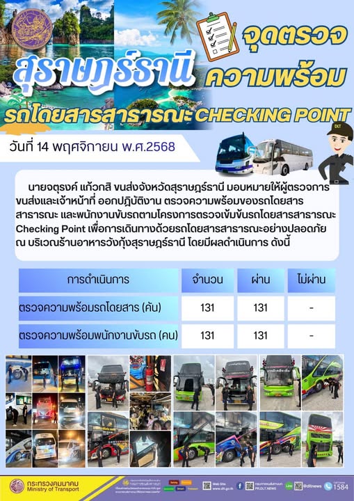สำนักงานขนส่งจังหวัดสุราษฎร์ธานี 
ตรวจความพร้อมของรถโดยสารสาธารณะ ตามโครงการตรวจเข้มข้นรถโดยสารสาธารณะ CHECKING POINT ประจำวันที่ 14 พฤศจิกายน 2568 ณ บริเวณร้านอาหารวังกุ้งสุราษฎร์ธานี