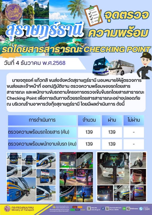 สำนักงานขนส่งจังหวัดสุราษฎร์ธานี 
ตรวจความพร้อมของรถโดยสารสาธารณะ ตามโครงการตรวจเข้มข้นรถโดยสารสาธารณะ CHECKING POINT ประจำวันที่ 4 ธันวาคม 2568 ณ บริเวณร้านอาหารวังกุ้งสุราษฎร์ธานี