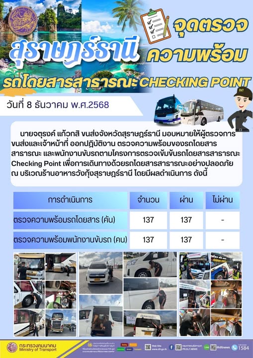 สำนักงานขนส่งจังหวัดสุราษฎร์ธานี 
ตรวจความพร้อมของรถโดยสารสาธารณะ ตามโครงการตรวจเข้มข้นรถโดยสารสาธารณะ CHECKING POINT ประจำวันที่ 8 ธันวาคม 2568 ณ บริเวณร้านอาหารวังกุ้งสุราษฎร์ธานี