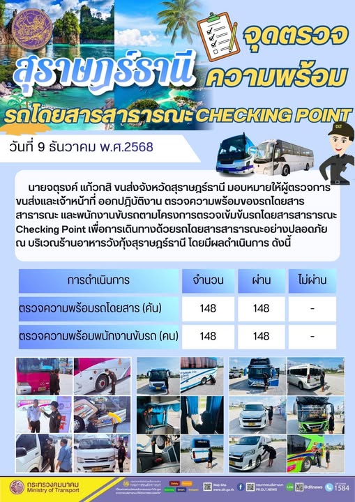 สำนักงานขนส่งจังหวัดสุราษฎร์ธานี 
ตรวจความพร้อมของรถโดยสารสาธารณะ ตามโครงการตรวจเข้มข้นรถโดยสารสาธารณะ CHECKING POINT ประจำวันที่ 9 ธันวาคม 2568 ณ บริเวณร้านอาหารวังกุ้งสุราษฎร์ธานี