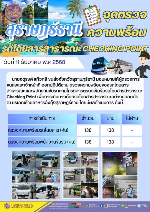 สำนักงานขนส่งจังหวัดสุราษฎร์ธานี 
ตรวจความพร้อมของรถโดยสารสาธารณะ ตามโครงการตรวจเข้มข้นรถโดยสารสาธารณะ CHECKING POINT ประจำวันที่ 11 ธันวาคม 2568 ณ บริเวณร้านอาหารวังกุ้งสุราษฎร์ธานี