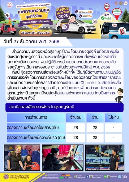 สำนักงานขนส่งจังหวัดสุราษฎร์ธานี
วันที่ 27 ธันวาคม 2568