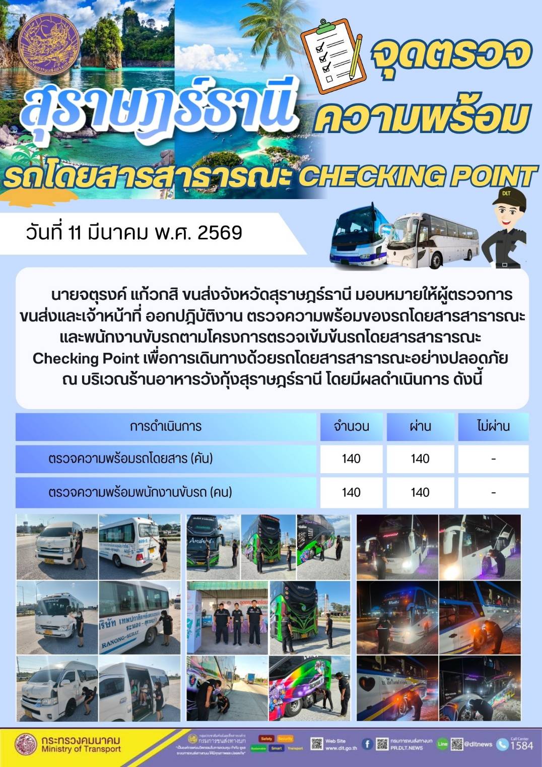 นายจตุรงค์ แก้วกสิ ขนส่งจังหวัดสุราษฎร์ธานี มอบหมายให้ผู้ตรวจการ
ขนส่งและเจ้าหน้าที่ ออกปฏิบัติงาน ตรวจความพร้อมของรถโดยสารสาธารณะ
และพนักงานขับรถตามโครงการตรวจเข้มข้นรถโดยสารสาธารณะ
Checking Point เพื่อการเดินทางด้วยรถโดยสารสาธารณะอย่างปลอดภัย
ณ บริเวณร้านอาหารวังกุ้งสุราษฎร์ธานี โดยมีผลดำเนินการ ดังนี้