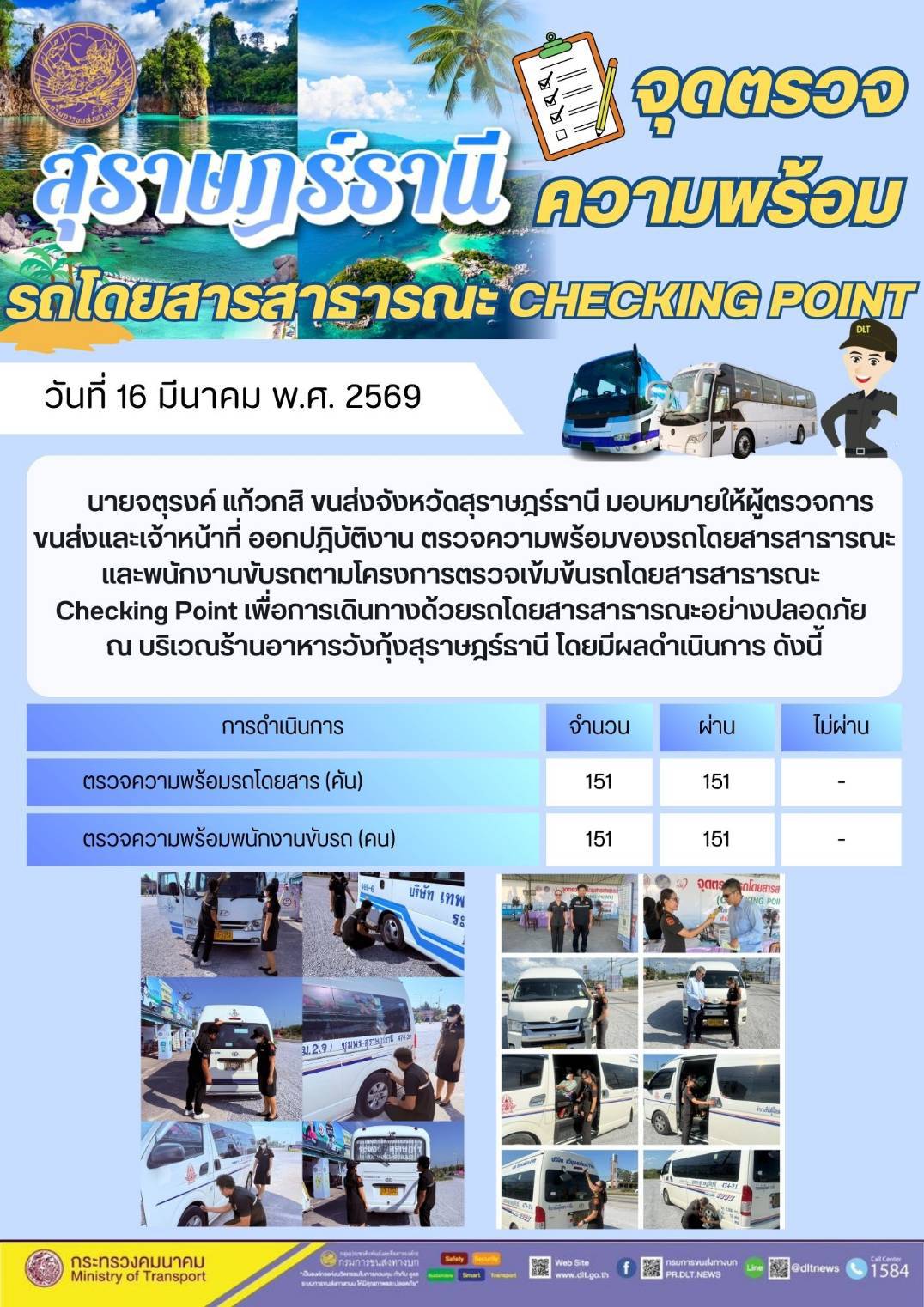 นายจตุรงค์ แก้วกสิ ขนส่งจังหวัดสุราษฎร์ธานี มอบหมายให้ผู้ตรวจการ
ขนส่งและเจ้าหน้าที่ ออกปฏิบัติงาน ตรวจความพร้อมของรถโดยสารสาธารณะ
และพนักงานขับรถตามโครงการตรวจเข้มข้นรถโดยสารสาธารณะ
Checking Point เพื่อการเดินทางด้วยรถโดยสารสาธารณะอย่างปลอดภัย
ณ บริเวณร้านอาหารวังกุ้งสุราษฎร์ธานี โดยมีผลดำเนินการ ดังนี้