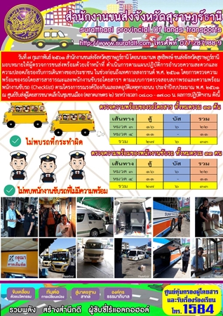 วันที่ 7 กุมภาพันธ์ 2560 สำนักงานขนส่งจังหวัดสุราษฏร์ธานี โดยนายมานพ สุทธิพงษ์ ขนส่งจังหวัดสุราษฏร์ธานี มอบหมายให้ผู้ตรวจการขนส่งพร้อมด้วยเจ้าหน้าที่ ดำเนินการตามแผนปฏิบัติการอำนวยความสะดวกและความปลอดภัยรองรับการเดินทางของประชาชน 