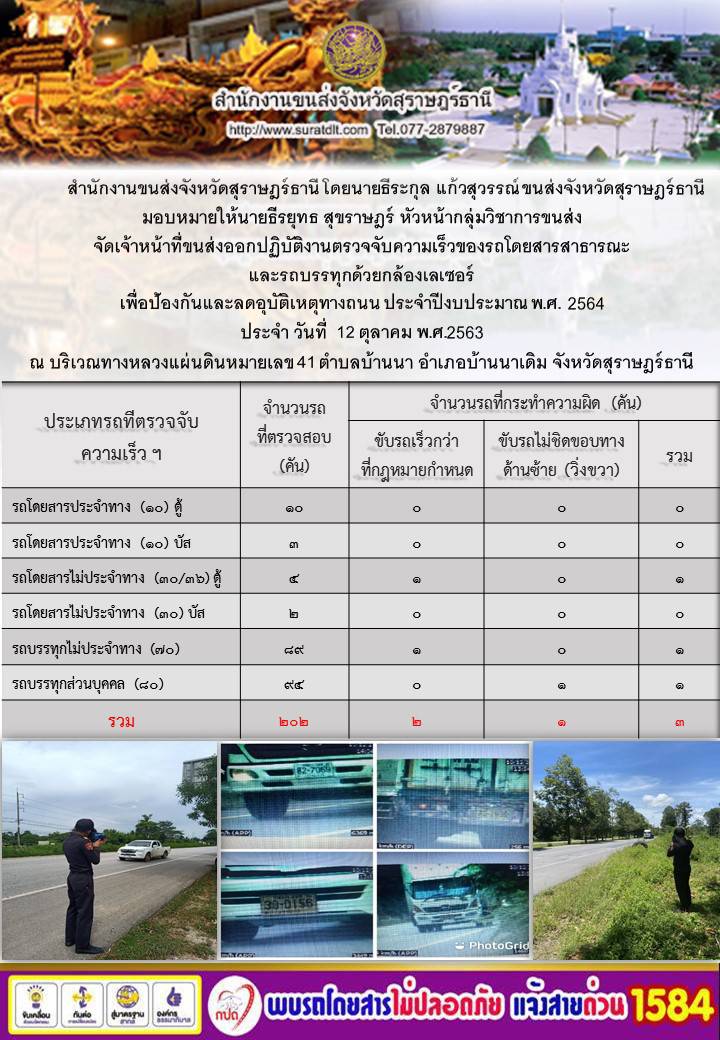 สำนักงานขนส่งจังหวัดสุราษฎร์ธานีออกปฏิบัติงานตรวจจับความเร็วของรถโดยสารสาธารณะและรถบรรทุกด้วยกล้องตรวจจับความเร็วระบบเลเซอร์ วันที่ 12 ตุลาคม 2563 