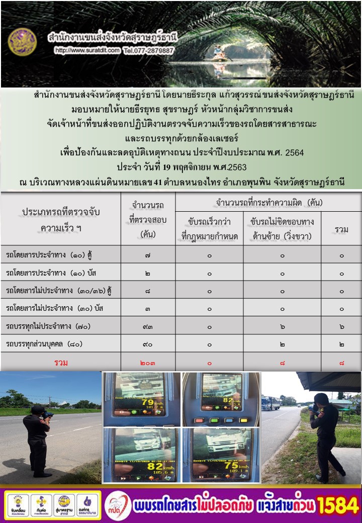 สำนักงานขนส่งจังหวัดสุราษฎร์ธานีออกปฏิบัติงานตรวจจับความเร็วของรถโดยสารสาธารณะและรถบรรทุกด้วยกล้องตรวจจับความเร็วระบบเลเซอร์ วันที่ 19 พฤศจิกายน 2563