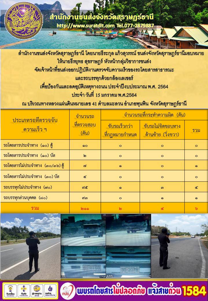 สำนักงานขนส่งจังหวัดสุราษฎร์ธานีออกปฏิบัติงานตรวจจับความเร็วของรถโดยสารสาธารณะและรถบรรทุกด้วยกล้องตรวจจับความเร็วระบบเลเซอร์ วันที่ 15 มกราคม 2564