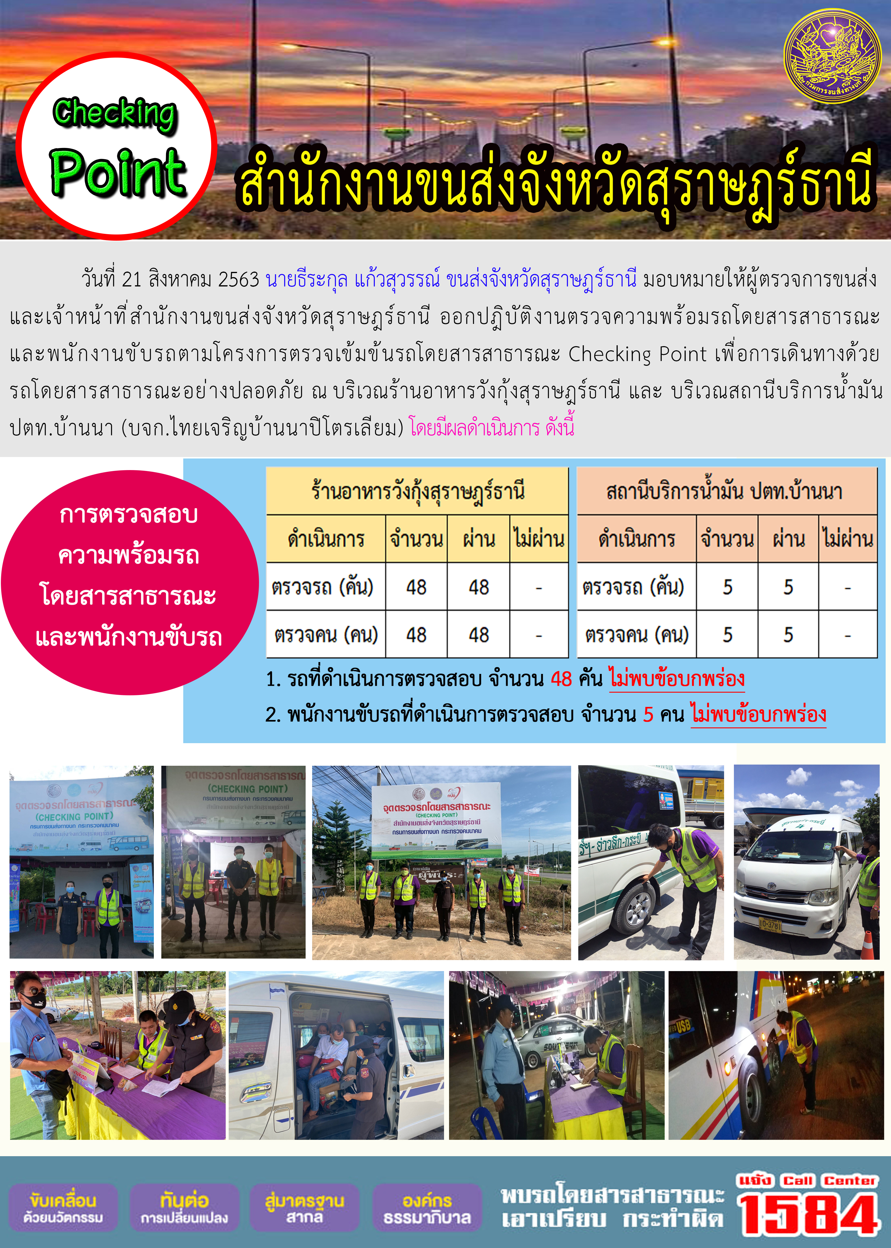 CHECKING POINT ระยะที่ 2 ผลการตรวจสอบรถและพนักงานขับรถ ณ จุดตรวจ (Checking Point) 