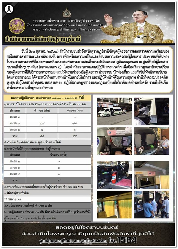 วันนี้ (21 ตุลาคม 2560) สำนักงานขนส่งจังหวัดสุราษฏร์ธานีจัดชุดผู้ตรวจการออกตรวจความพร้อมของรถโดยสารสาธารณะ 