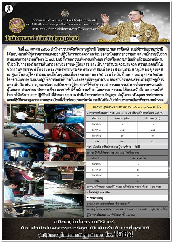 วันนี้ (28 ตุลาคม 2560) สำนักงานขนส่งจังหวัดสุราษฏร์ธานีจัดชุดผู้ตรวจการออกตรวจความพร้อมของรถโดยสารสาธารณะ 