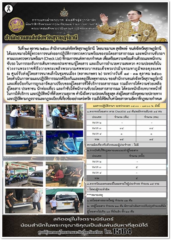 วันนี้ (29 ตุลาคม 2560) สำนักงานขนส่งจังหวัดสุราษฏร์ธานีจัดชุดผู้ตรวจการออกตรวจความพร้อมของรถโดยสารสาธารณะ 