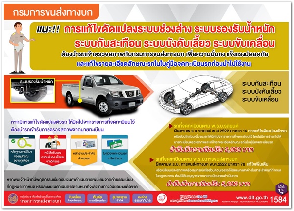 กรมการขนส่งทางบก แนะ!! การแก้ไขดัดแปลงระบบช่วงล่วง ระบบรองรับน้ำหนัก ระบบกันสะเทือน ระบบคับเลี้ยว ระบบขับเคลื่อน